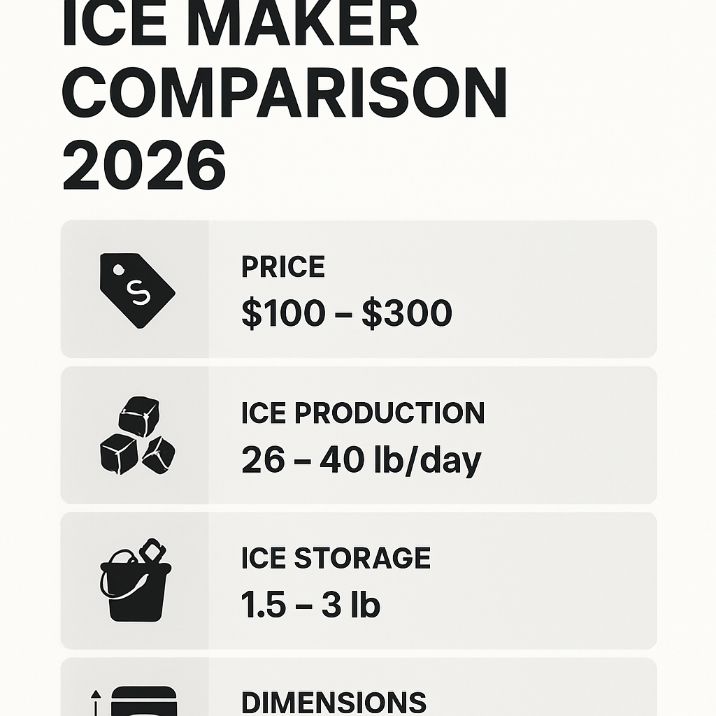 Infographie comparative de machine a glacon avec capacité, temps de cycle et prix