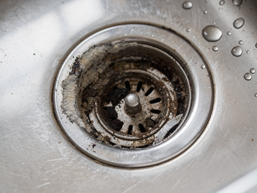 Moucherons de cuisine autour d’une bonde d’évier encrassée avec dépôts organiques