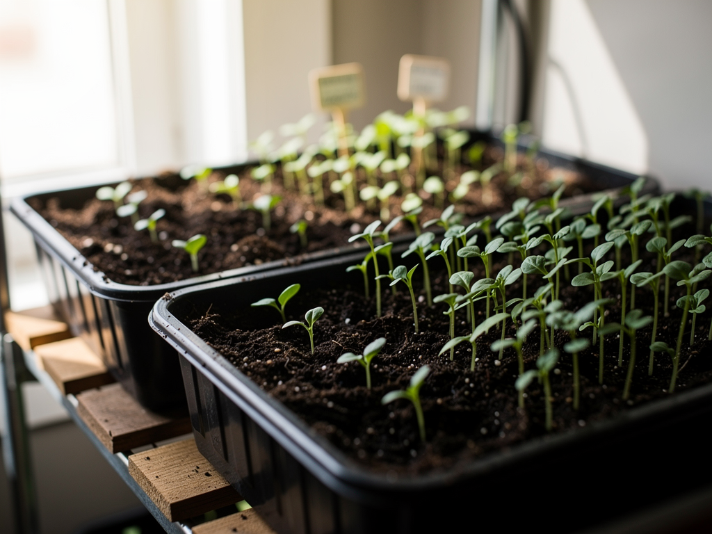 Moucherons des plantes autour de semis et jeunes pousses en godets