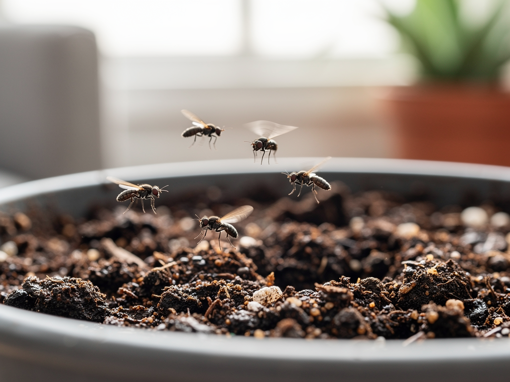 Moucherons du terreau dans une plante d’intérieur avec substrat humide en surface