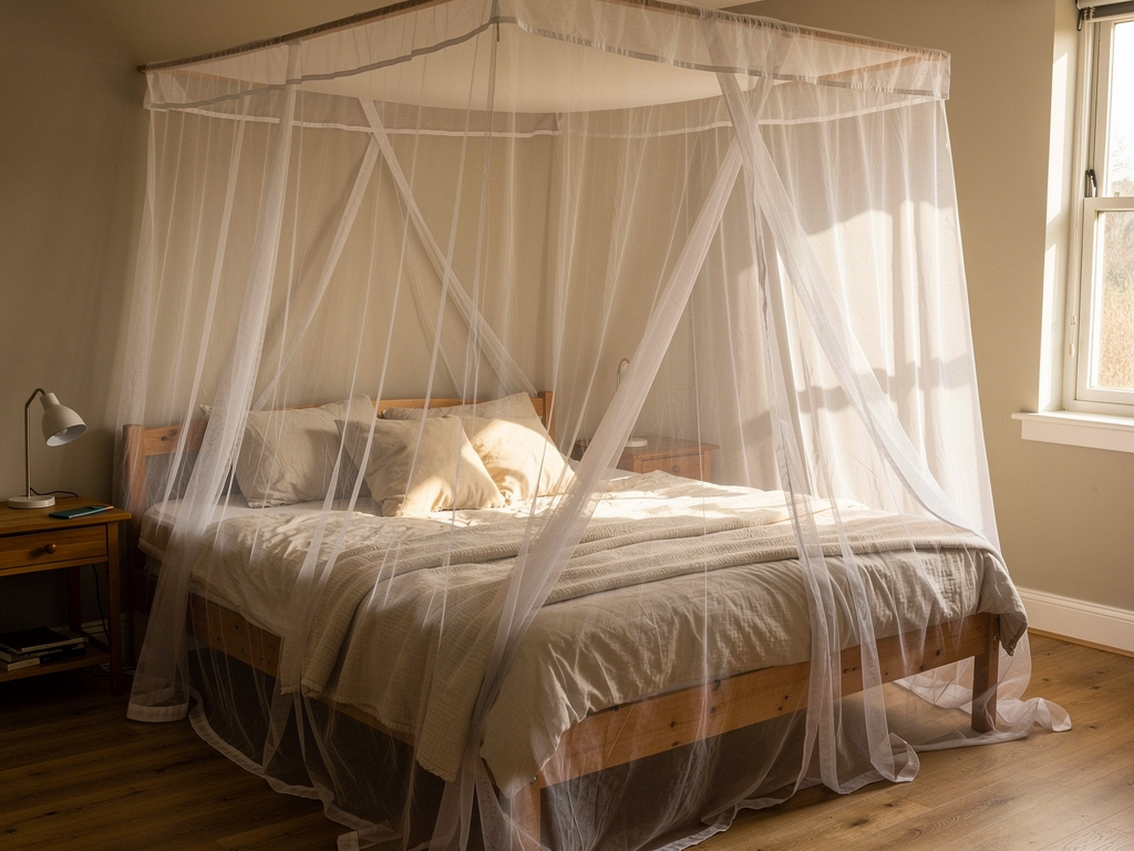 Moustiquaire de lit installée dans une chambre d'été pour mieux dormir malgré les moustiques