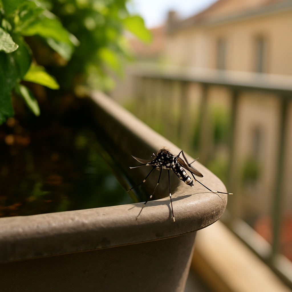 Moustique tigre près d’un balcon avec eau stagnante, situation typique de prolifération de moustiques autour de la maison