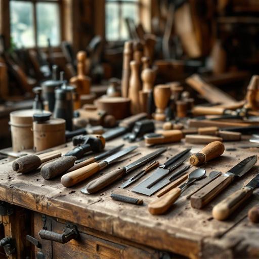 outils de menuiserie sur établi, exemple concret de métier artisanal en atelier