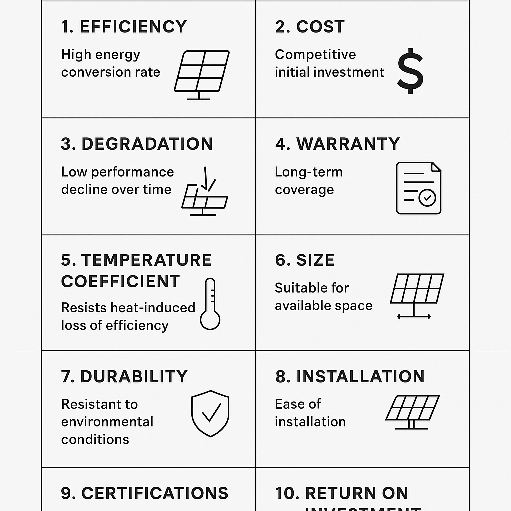 Infographie des 10 critères pour sélectionner des panneaux solaires rentables, avec comparaison claire.