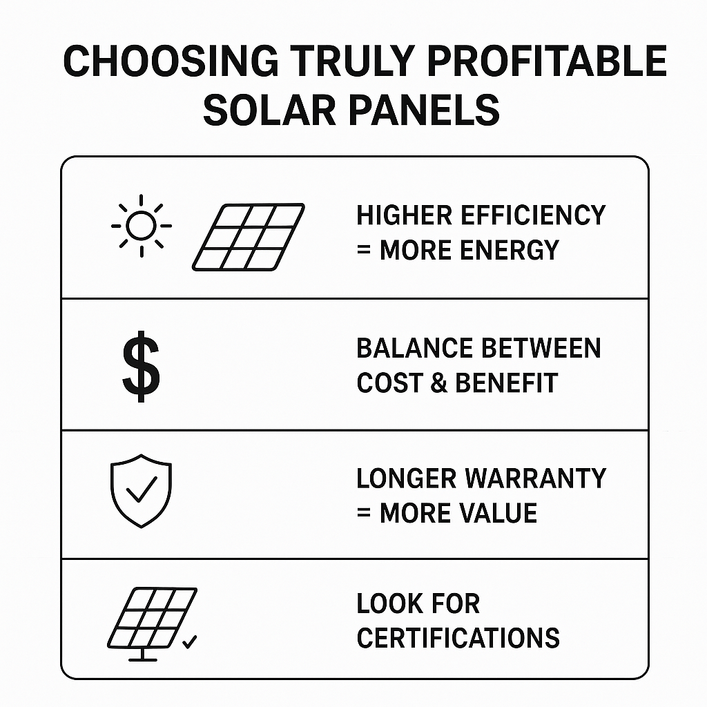 Infographie sur le choix de panneaux solaires rentables, avec rendement, surface et coût au kWc.