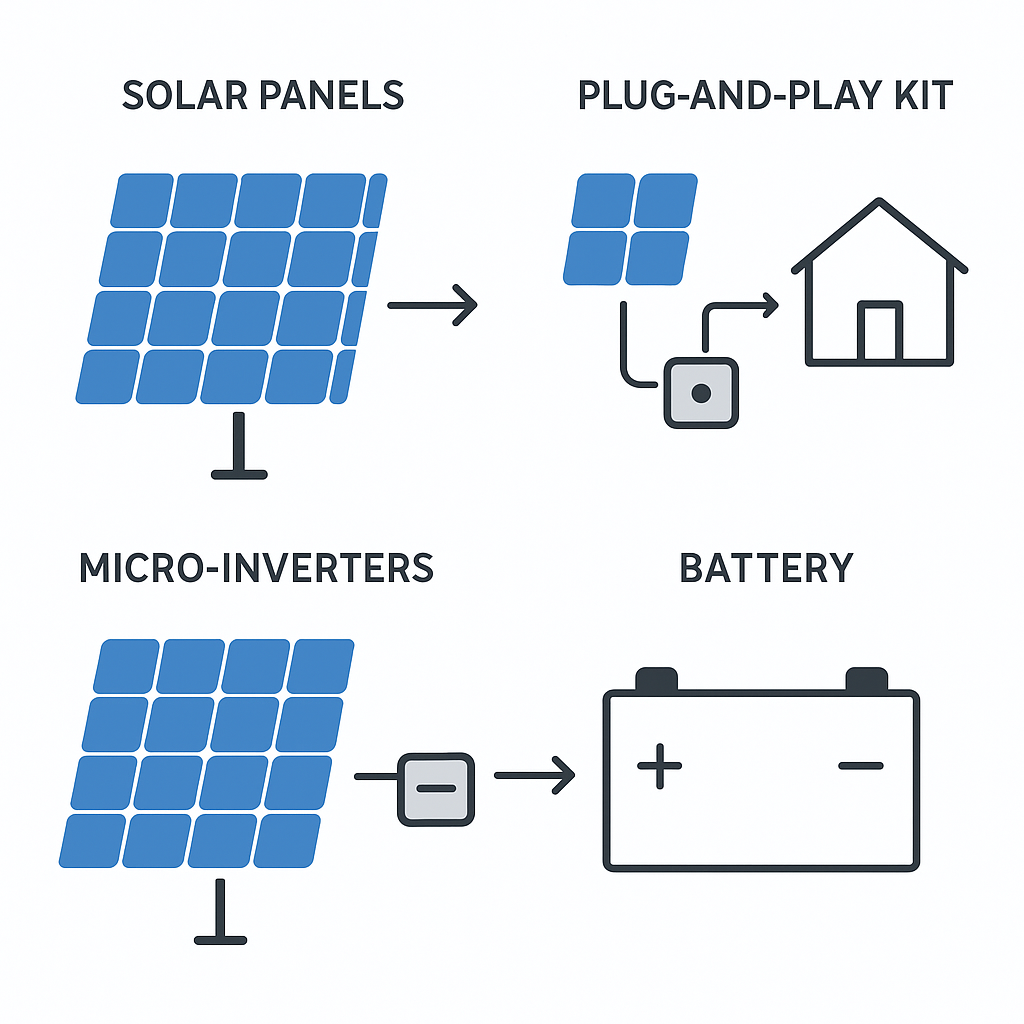 Schéma comparant panneaux solaires classiques, kit plug and play, micro-onduleurs et batterie pour l'autoconsommation.