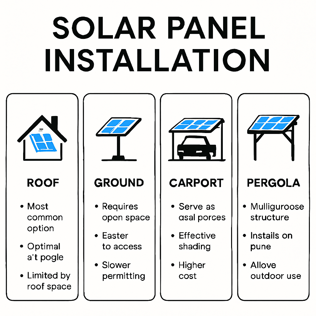 Infographie des configurations d'installation des panneaux solaires sur toiture, au sol et en carport