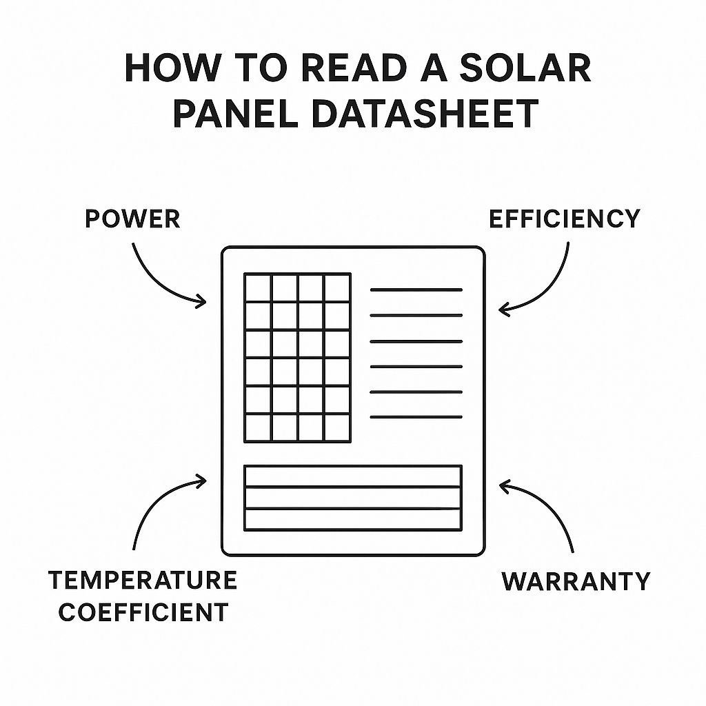 Schéma pour comparer une fiche technique de panneaux solaires photovoltaïques, avec rendement, garantie et coefficient de température.