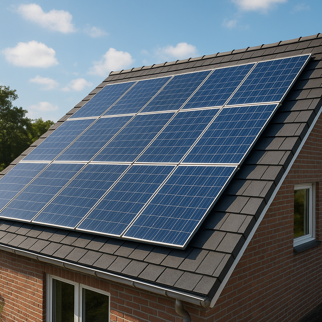 photo réaliste de maison avec panneaux solaires sur la toiture