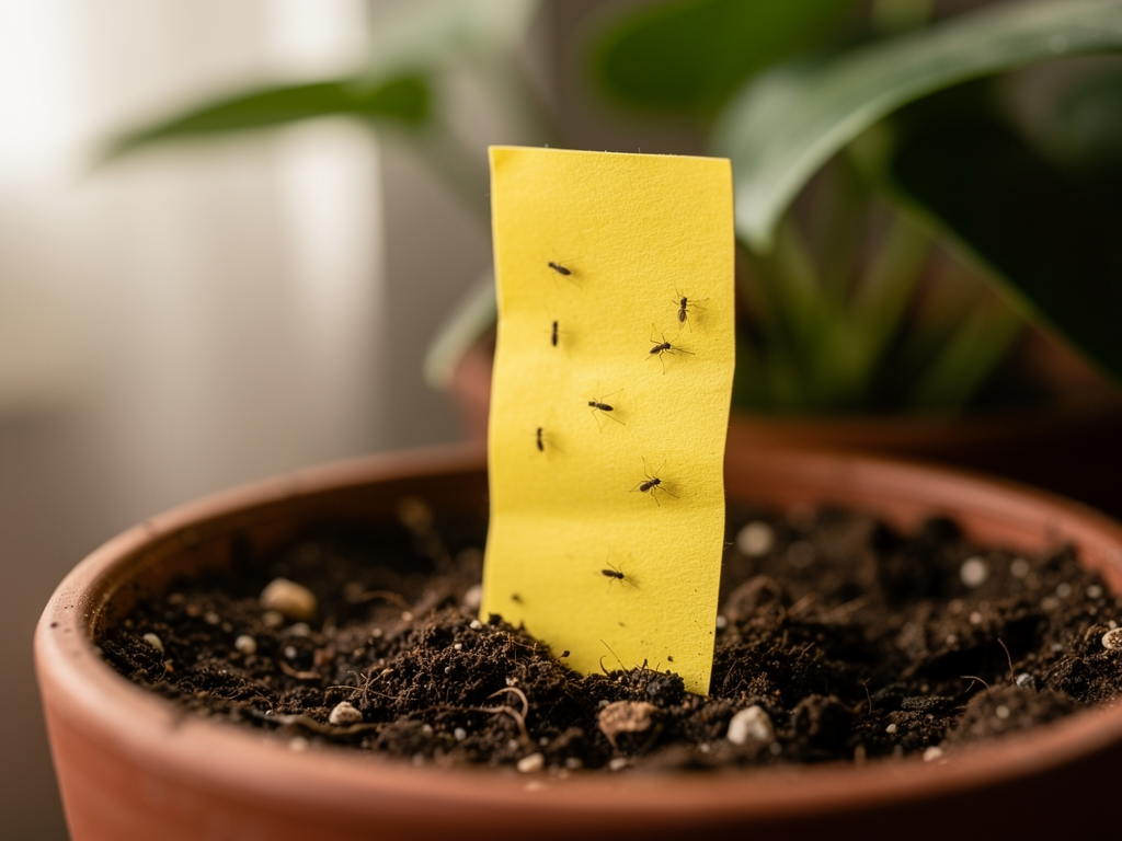Piège jaune utilisé contre les moucherons des plantes près d’un pot d’intérieur