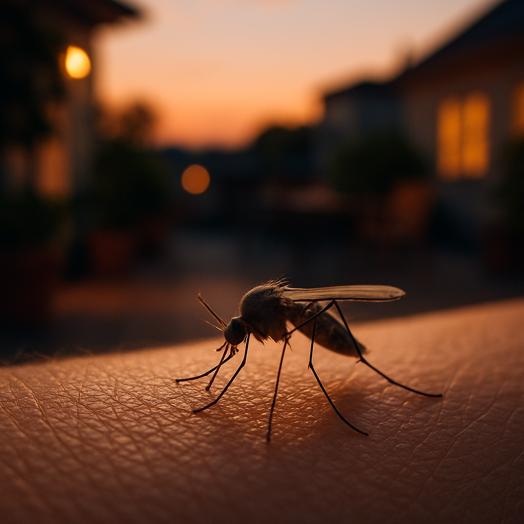 Piqûre de moustiques en soirée sur une terrasse, avec exposition liée à la chaleur corporelle et aux vêtements