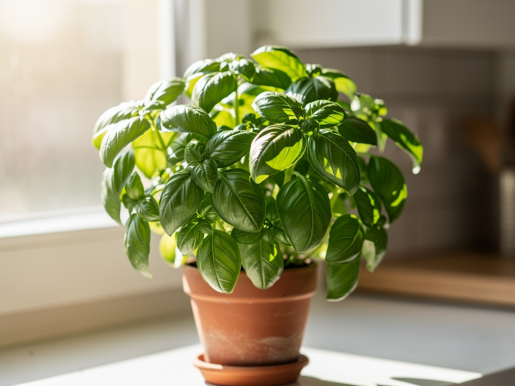 Pot de basilic sur une fenêtre de cuisine, utile contre les moustiques près d’un petit espace