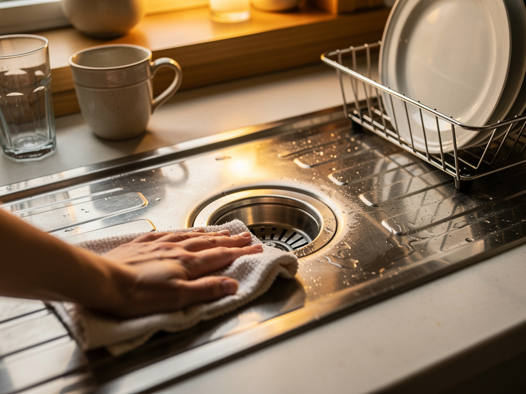 Prévention des moucherons dans l’évier avec séchage de la bonde après la vaisselle