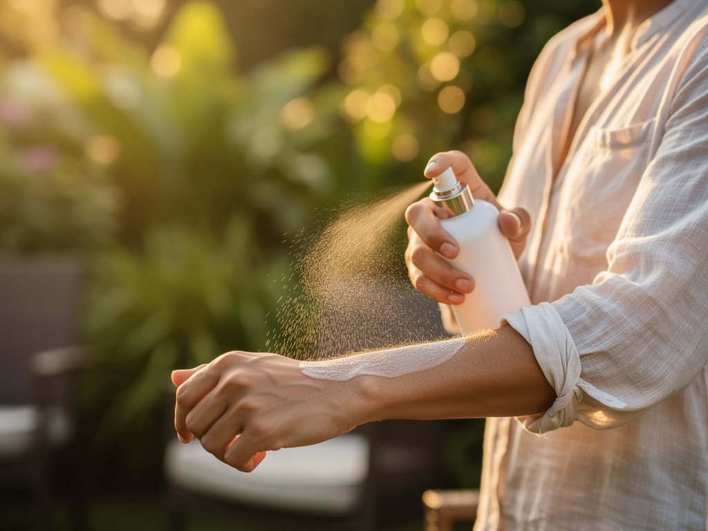 Prévention moustiques avec vêtements couvrants et répulsif lors d'une soirée en extérieur