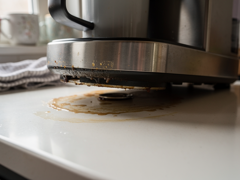 Résidus cachés sous une cafetière favorisant des moucherons dans la cuisine pourtant propre