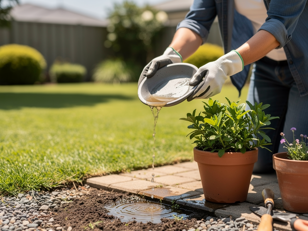Suppression d’eau stagnante dans une soucoupe de pot, geste essentiel de prévention des moustiques au jardin