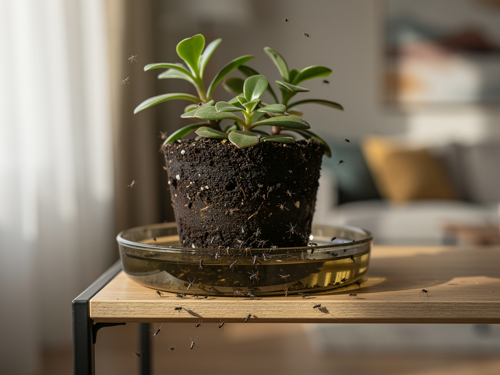 Terreau humide et soucoupe d'eau favorisant des moucherons des plantes