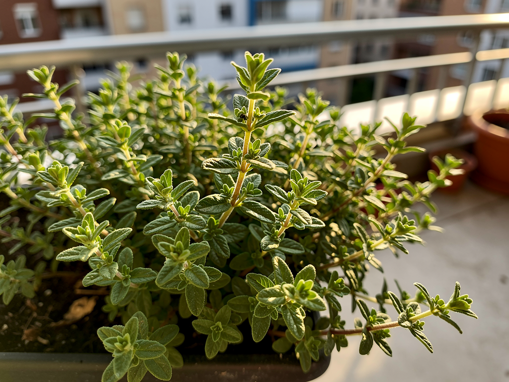 Thym citron en jardinière compacte, plante anti moustiques adaptée à un balcon étroit