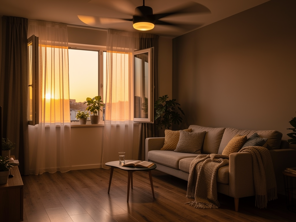 Ventilateur dans un salon utilisé comme protection complémentaire contre les moustiques à l’intérieur