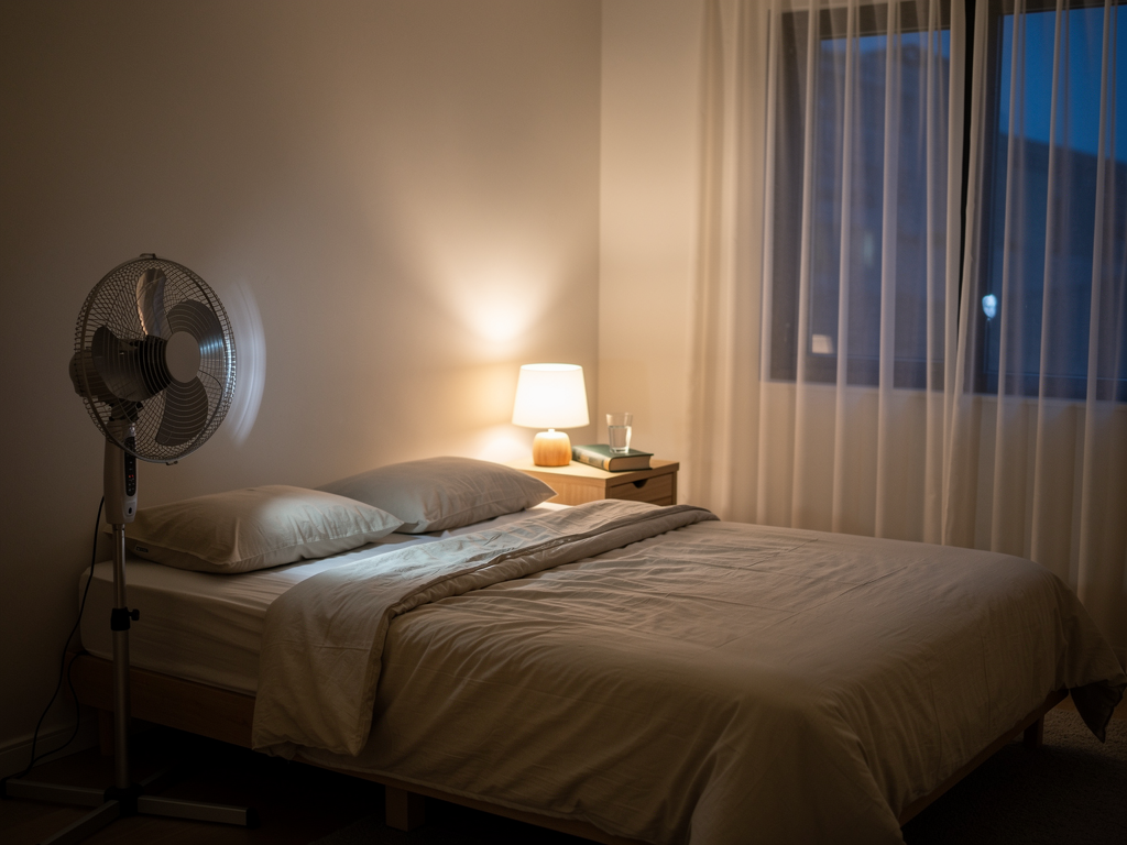 Ventilateur orienté vers le lit dans une chambre pour réduire la gêne des moustiques en été