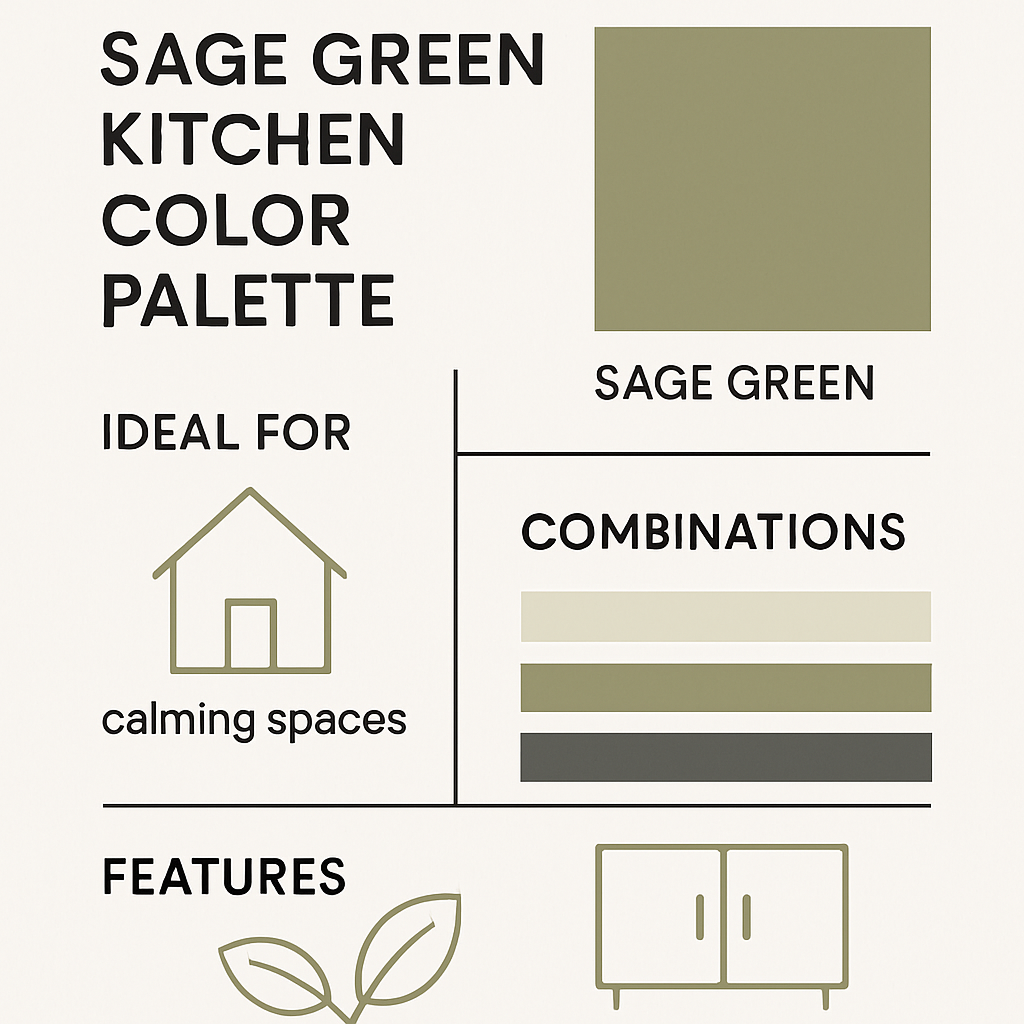 Infographie palette cuisine vert sauge avec blanc cassé bois clair et laiton
