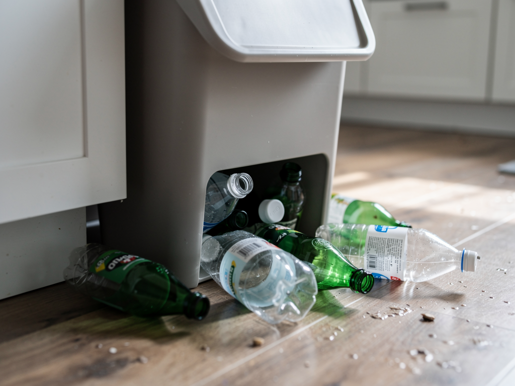 Zone de poubelle et de recyclage pouvant attirer les moucherons en cuisine